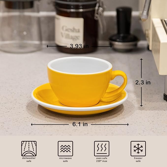 Loveramics Cappuccino Cup with Saucer, 8 oz Ceramic Coffee cup with Round Bottom for Cappuccino, Latte, Tea, Espresso, Thick-walled Stoneware Cup Set for Barista - Regular Colours (Yellow, 8OZ)