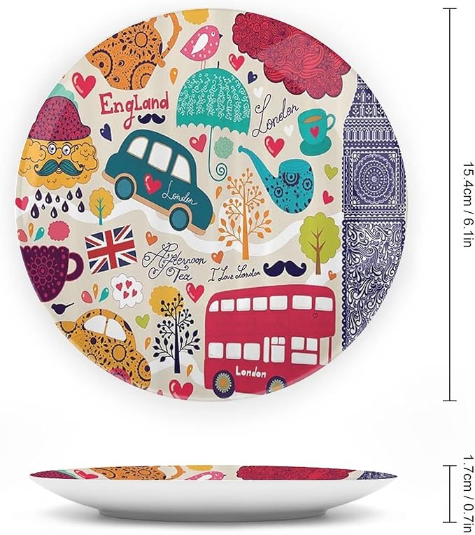 10 Inch Decorative Plate, London Decor Ceramic Craft, Colorful Local Symbols Bus Big Ben Tea Pot Cup Umbrella Hat Retro Print Ceramic Wall Hanging for Home & Office Wall Hanging Decor, Orange Blue