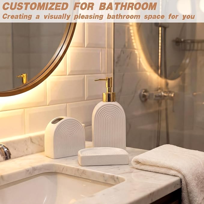 Boho Ceramic Bathroom Accessories Sets 3 Pcs Arch Style Bathroom Accessories for Countertop, Soap Dispenser, Toothbrush Holder Soap Holder Decor for Modern Home Decor