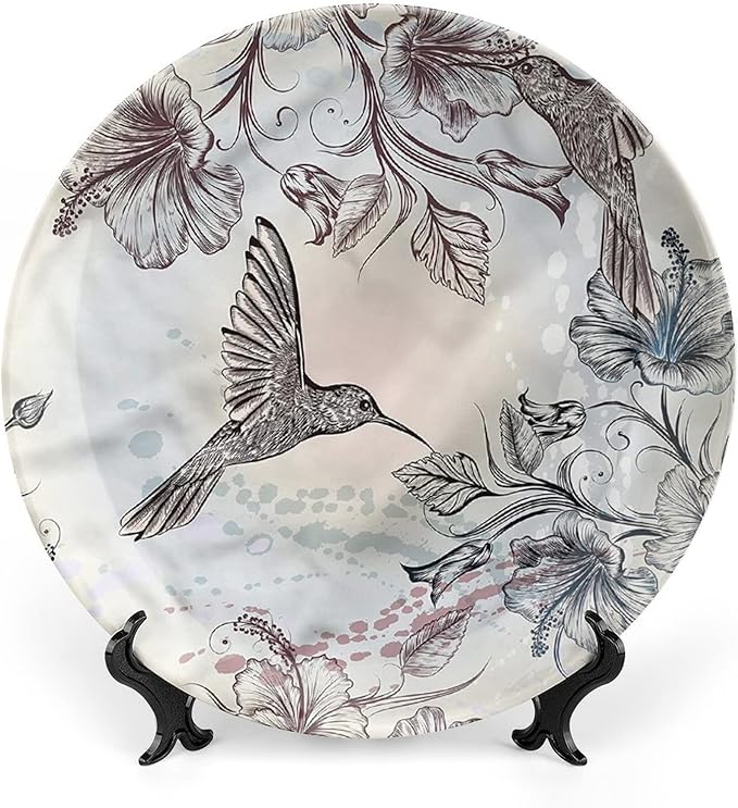XISUNYA 6 Inch Decorative Plate, Hummingbird Ceramic Stoneware, Birds Hibiscus Flowers Print Ceramic Wall Hanging Decor Accessory for Dining Table Tabletop Home Decor