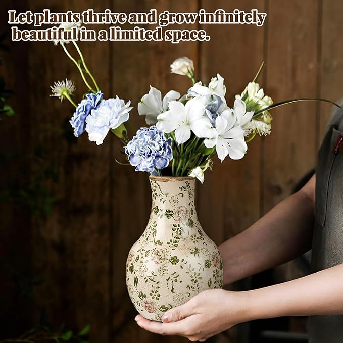 LemonRoad Vintage Ceramic Flower Vase 5.7 Inch Chinoiserie Ice Cracked Glaze Porcelain Vase Rustic Ceramic Large Centerpieces for Home Table Living Room Bookshelf Office(Plum Blossom Style)