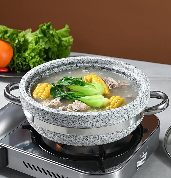 Korean Stone Bowl Induction Base with Glass Lid, Thicken Stone Bowl Hot Pot for Bibimbap Soups, Cookware Granite Stone Bowl with Wood Base, 11.8in with Tray
