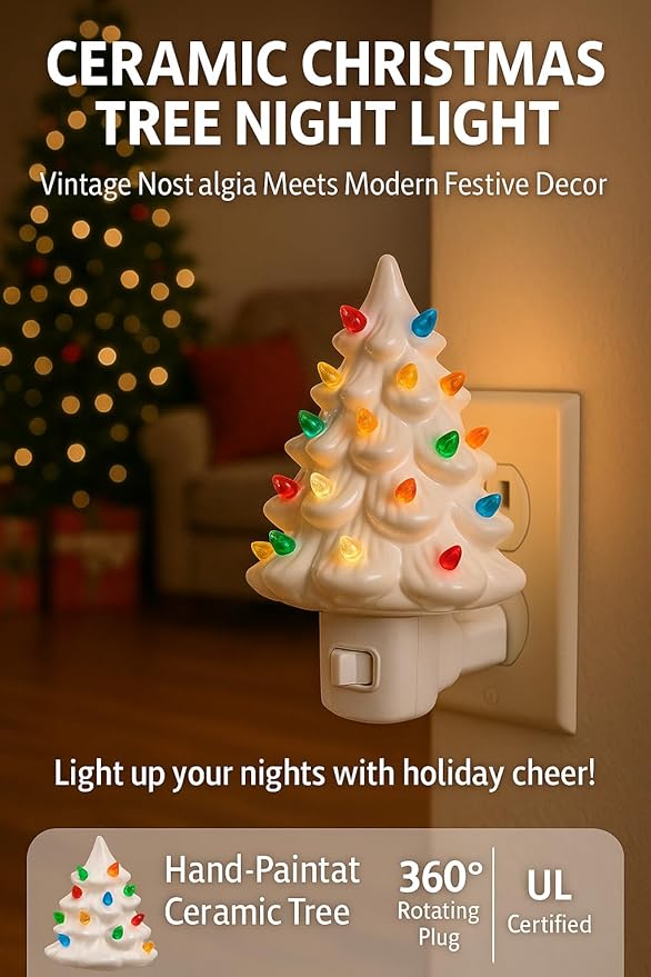 Christmas Night Light - White Tree Christmas Nightlight Plug Into Wall, 6" Ceramic, Holiday Decorations, Winter Home Décor for Kids/Adults
