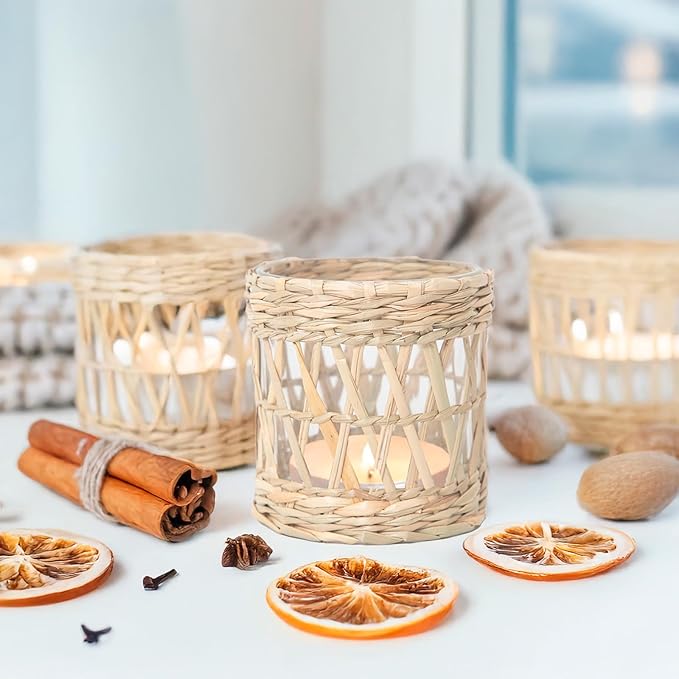 Rustic Cattail Woven Tea Light Holder, Seagrass Glass Candle Holder, Table Candle Holder Decor, Vintage Candlestick Holders, Wicker Tea Light Holder, Farmhouse/Home Decor (Original Color - 2 Pack)