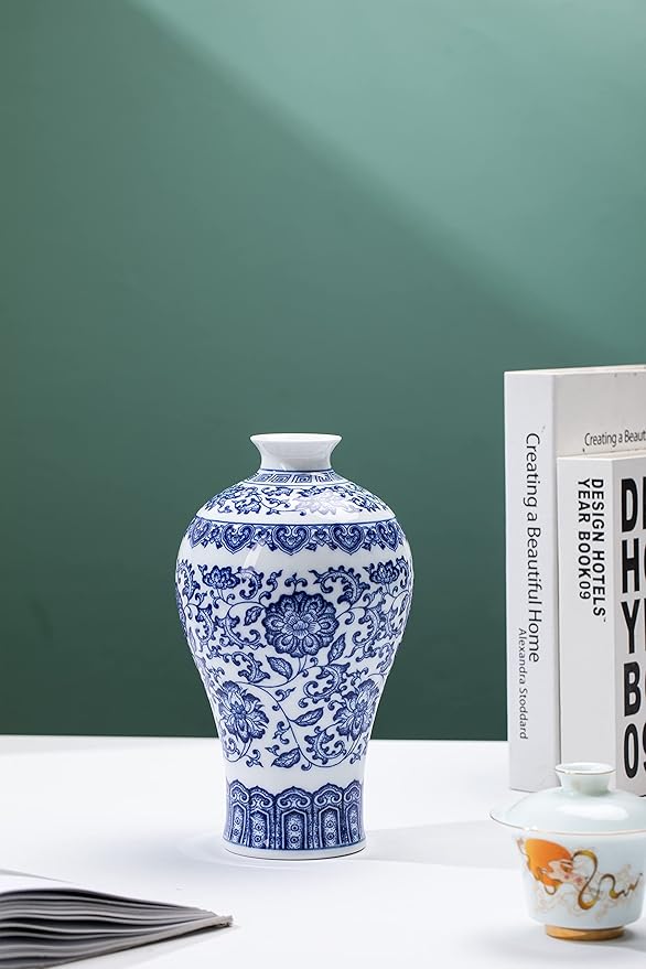 Blue and White Chinoiserie Ginger Jar Vase for Home Decor, Porcelain, 9" H