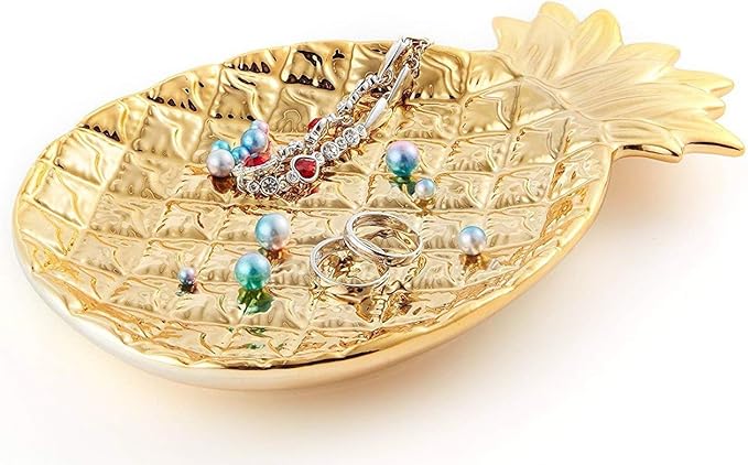 Lependor Ceramic Plate Jewelry Tray Jewelry Holder Jewelry Display - Ring Dish - Organizer for Keys - Phone - Jewelry - Watch - Wallet -Trinket - Best Wedding/Birthday - Big Size Golden Pineapple