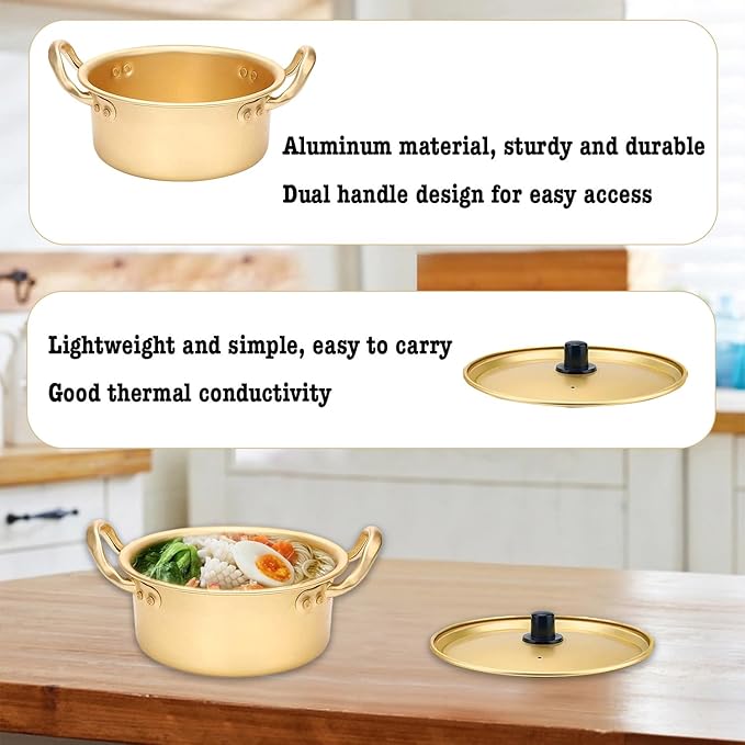 Korean Ramen Pot, Noodle Pot With Lid Spoon And Chopsticks (1pair), Korean Cookware Ramen Pots For Kitchen Cookware, 6.3 Inch (6.3"D x 6.3"W x 3"H)