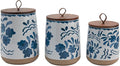 TTU Tabletops Gallery Ceramic Canister Collection- Stoneware Designed Kitchen Storage Acacia Wood White Set, 3 Piece Botanical Blue Canister Set