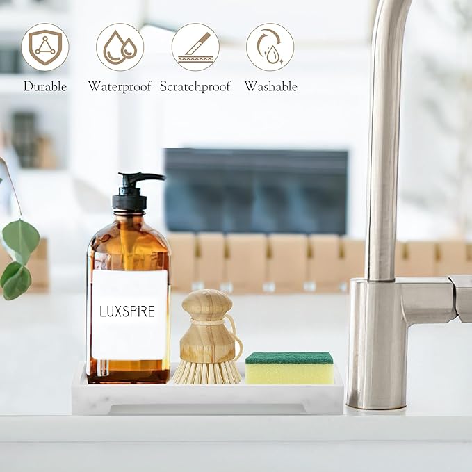 Luxspire Bathroom Vanity Tray, Resin Toilet Tank Tray, Kitchen Trays, 11" x 4" Rectangle Bathroom Tray for Counter, Marble Tray for Soap Dispenser Perfume Jewelry, Small, White Marble