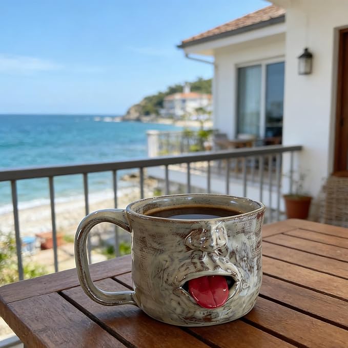 Handmade Face Shaped Ceramic Mug, Human Face Design Ceramic Coffee Cup, Funny Tongue Out Facial Ceramic Mug, Artistic Sculptural Facial Mug Cup, Novelty faces Mug Coffee Tea Desk Decor