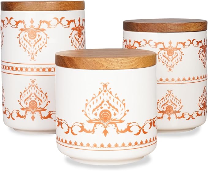 Sunddo Ceramic Canister Sets for Kitchen Counter with Airtight Wood Lids, Food Storage Jars for Coffee, Sugar, Tea Set of 3