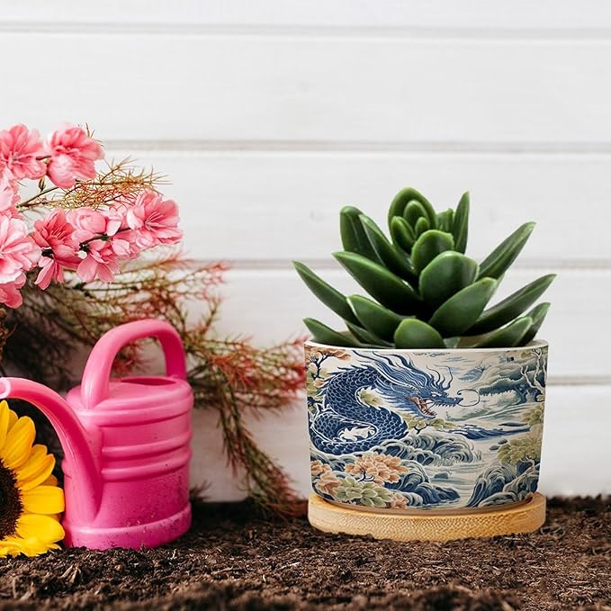 Trend Dragon and Print Ceramic Planters Chinoiserie Asian Inspired Flower Pots for Indoor Plants with Drainage Holes and Saucers Pot for Home Desktop Office Windowsill