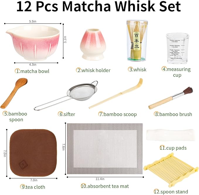 12 Pcs Matcha Whisk Set - Matcha Set Includes Ceramics Matcha Bowl and Cup, Matcha Kit for Ceremony Making Tools, Gift for Family/Friend （Gradient pink）