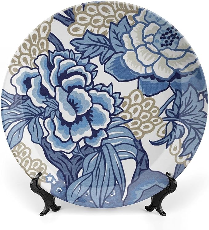 Fashion Plates Blue And Tan Peony Chinoiserie Floral Customize Decor for Wall Festival Club Wedding Hand-Painted Ceramic Decorative Plates with Vertical Stand, Multi Sizes, Gifts for Men Women