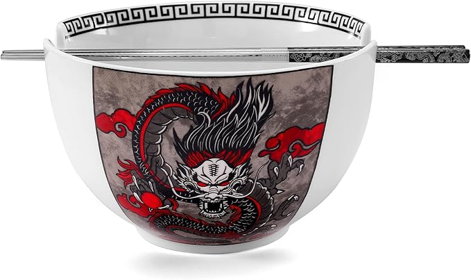 Hagary Dragon Ramen Bowl with Chopsticks Ceramic Bowl Stainless Steel Chopsticks Japanese Style Soup Bowls Housewarming Wedding Gifts Designed in Korea (With Chopsticks) (Black, 30 oz - 1pc)