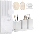 White Bathroom Set, White Bathroom Accessories Sets with Shower Curtain and No-Slip Bath Rugs, Natural Loofah Sponge, Soap Dispenser, Toothbrush Holder, Toothbrush Cup and Tray for Bathroom