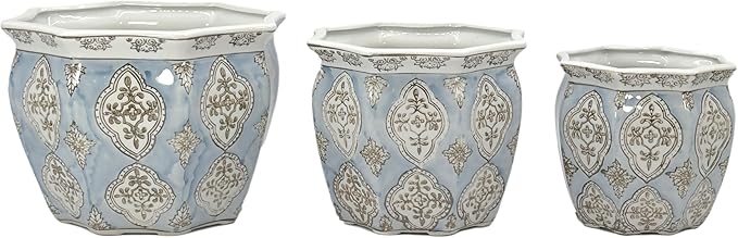 Galt International Light Blue & White Round Fluted Floral Porcelain Ceramic Plant Flower Planter Pot Set of 3 (7.5", 10", 13") Garden Pots Chinese Asian Design