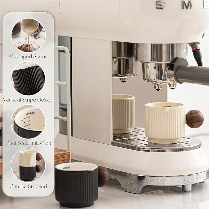 KEMORELA Ceramic Espresso Cups with Spouts & Handles, 3 oz & 90 Milliliter Markings, Espresso Shots, Durable Heat-Resistant Ceramic, Perfect Coffee Accessories for Espresso Lovers (White)