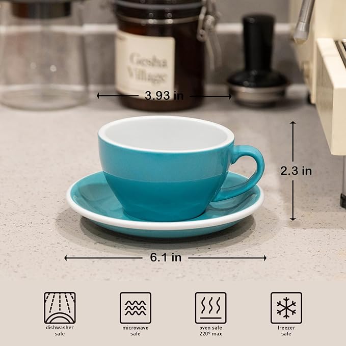 Loveramics Cappuccino Cup with Saucer, 8 oz Ceramic Coffee cup with Round Bottom for Cappuccino, Latte, Tea, Espresso, Thick-walled Stoneware Cup Set for Barista - Regular Colours (Teal, 8OZ)