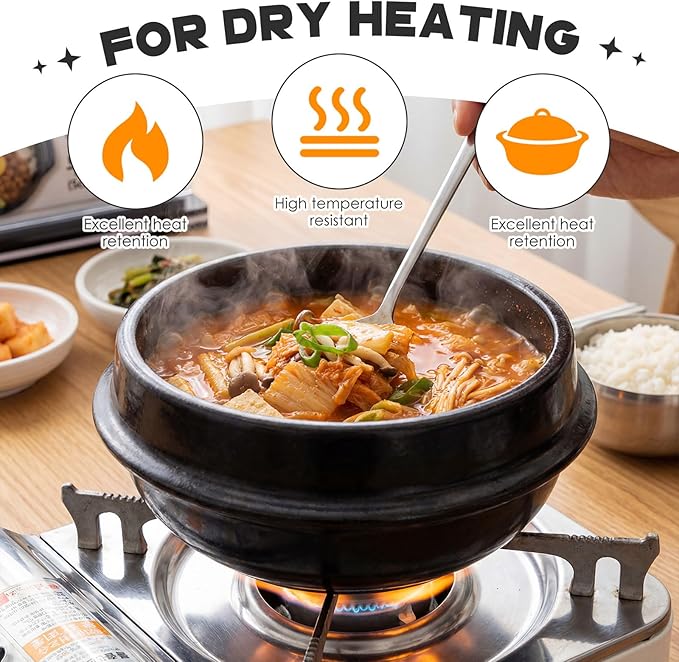 Korean Stone Bowl with Lid and Platter 32 oz Ceramic Bowl for Cooking, Sizzling Hot Pot, Clay Pot for Dolsot Bibimbap, Soup Casserole, Rice, Stew, Noodle, Korean Cookware