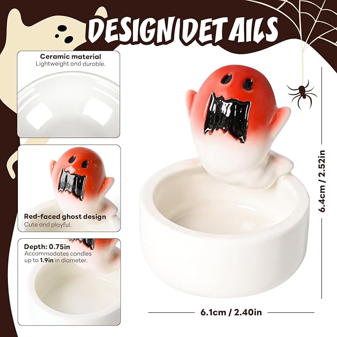 Halloween Ghost Ceramic Candle Holder Scary Ghost Decorative Candle Holder Halloween Cute Tealight Candlestick for Party Table Centerpiece Home Office Desk Decorations Gifts