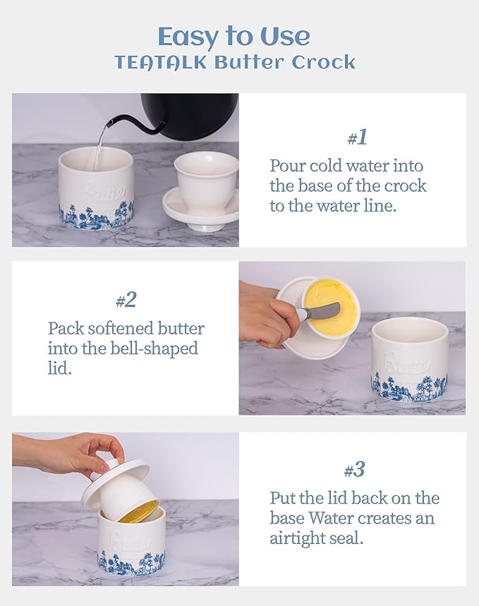 TEATALK Vintage Boho Butter Crock - French Ceramic Butter Keeper for Counter,Blue and White Porcelain Butter Dish with Lid, Stay Soft Spreadable Butter Container, 6.7 oz Aesthetic Kitchen Decor