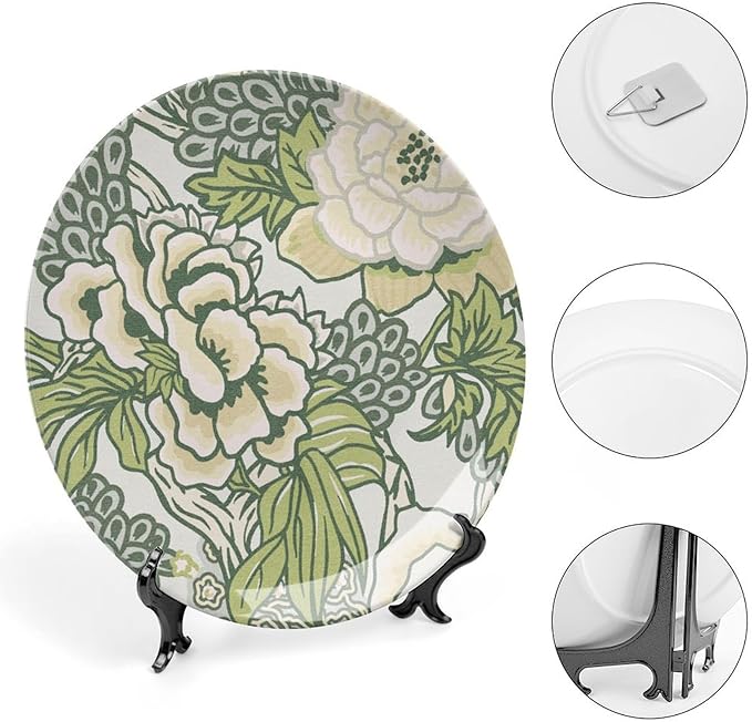 Green And White Chinoiserie Peony Floral Plates Ceramic for Display Blush Euro Peony Kitchen Club Supplies Housewarming Gifts Home Holiday Party Decorations Custom Gifts for Men Women Halloween