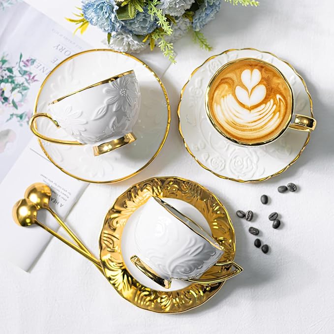 Cappuccino Cups with Saucers Set of 6, 7 OZ Ceramic Coffee Cup Set, Double Espresso Cups with Gold Trim Raised Floral Motif Tea Cup and Saucer Set for Latte, Cafe, Valentine's Day Gifts