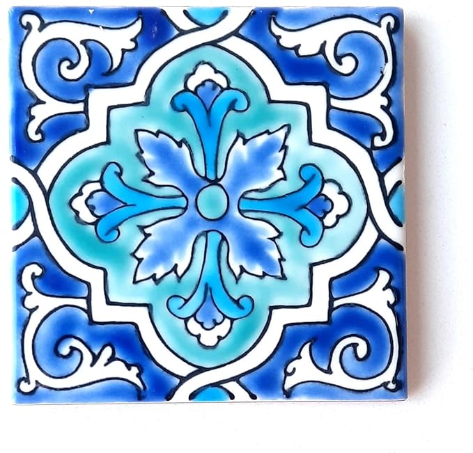 DŸARI Decorative Ceramic Tiles – Hand Painted Indoor & Outdoor Floor Tiles – Spanish Artisan Tile Top Kitchen – Mediterranean Decorative Tiles 4” × 4” – Durable Colorful Floor Tiles – 140 g (Eau V 7)