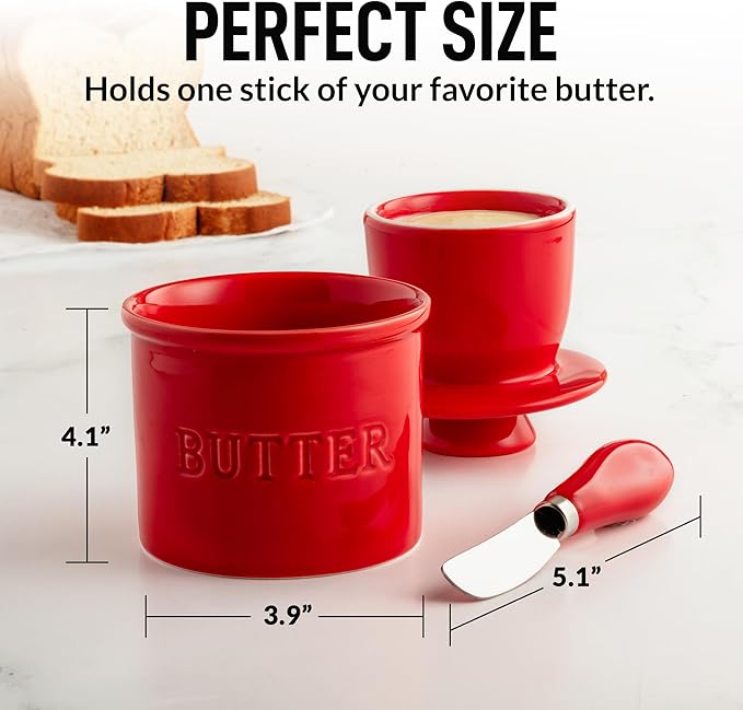Zulay Kitchen Bell Shaped Butter Crock with Lid for Countertop with Water Line & Spreader Knife, Ceramic French Butter Dish Keeper For Fresh, Soft & Spreadable Butter - Red