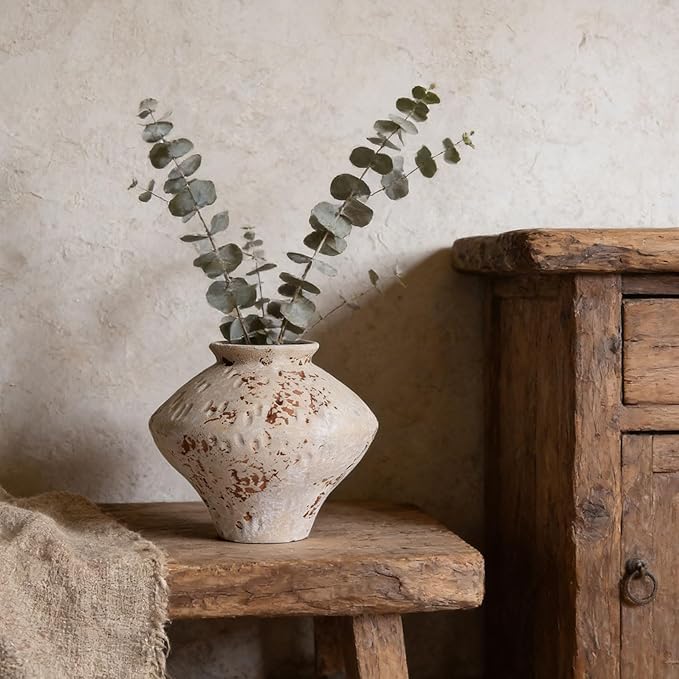 Wabi Sabi Rusty Vintage Vase, 6.3" Tall Wabi Sabi Decor Rustic Farmhouse Pottery Vase for Centerpiece, Textured Pottery Flower Vases for Home Decorative, Table, Living Room, Bedroom, Bathroom, Kitchen