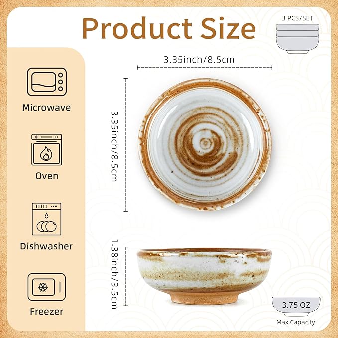clothmile 3 Pieces Vintage Sauce Dishes 3 Inch Handmade Kiln Glazed Sauce Dishe Asian Chinese Ceramic Side Bowl for Sushi Sauce Snack Pinch Home Kitchen Decor Housewarming Gift