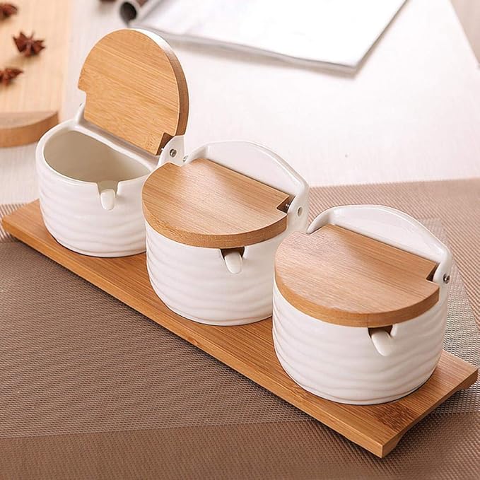 Ceramics Storage Jar Porcelain Condiment Jar Spice Container with with Flip Lid and Spoon - Best Creative Seasoning Box for Your Home, Kitchen, Counter (3)