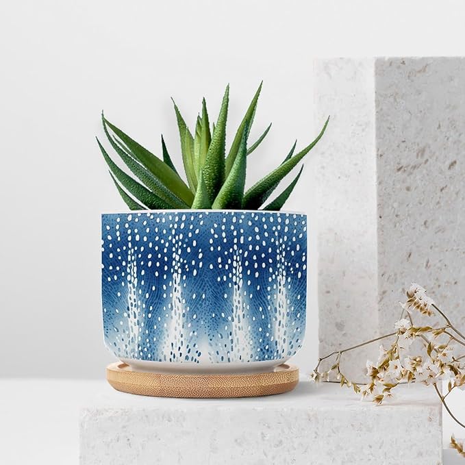 Navy Blue Modern Geometric Abstract Polka Dots Print Ceramic Flower Pots,Gardening Plant Pot with Drainage Holes And Saucers Round Ceramic Pots for Indoor Plants Succulent Herbs Cactus Pots
