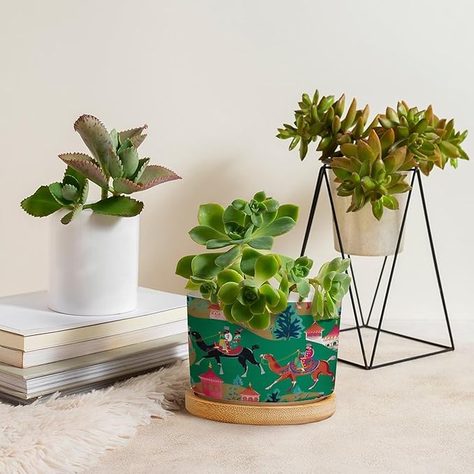 Bright Emerald Green Planter Ceramic Chinoiserie Decor Round Plant Pot with Drainage Holes and Bamboo Tray Pot for Home Desktop Office Windowsill