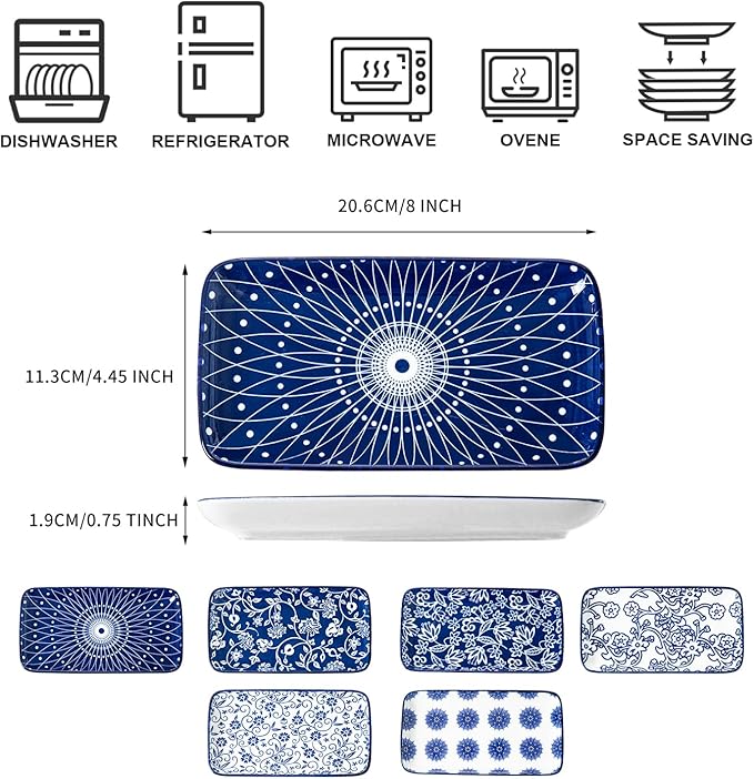 Rectangle Serving Platter Set - 8 Inch Ceramic Rectangular Dinner Plates Serving Trays for Sushi Salad Dessert Appetizer Pasta - Oven Microwave Dishwasher Safe - Set of 6 - Blue and White