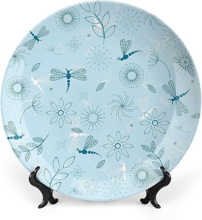 XISUNYA 7 Inch Decorative Plate, Dragonfly Dinner Plate, Bugs Leaves Branches Flowers Dandelions Abstract Art Print Ceramic Wall Hanging for Home & Office Wall Hanging Decor