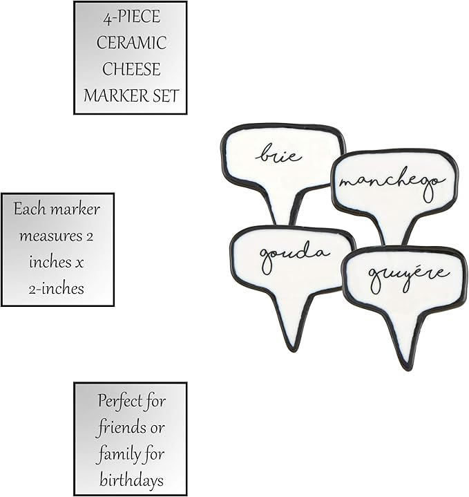 Santa Barbara Design Studio Table Sugar Ceramic Cheese Markers Set of 4, 2" x 2", White/Black