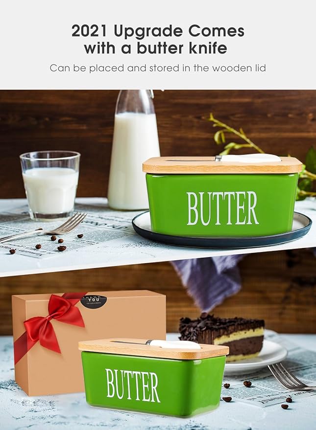 Butter Dish with Lid, Home Decor, Large Butter Dish for Countertop Ceramic Butter Keeper Container with Knife and High Quality Silicone Sealing Butter Box Good Kitchen Gift Green