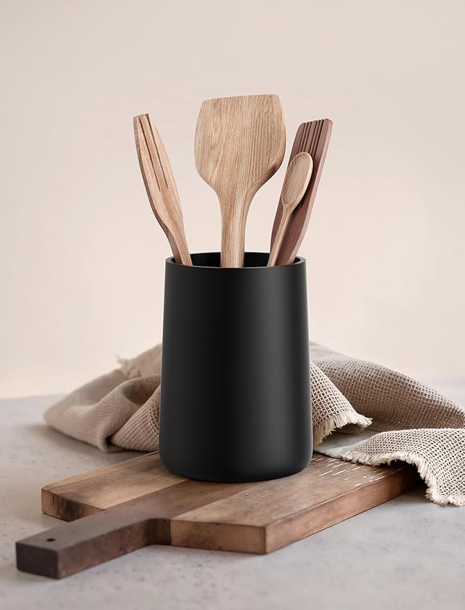 Utensil Holder – 7" Tall x 5.2" Diameter Kitchen Utensil Organizer for Countertop (Matte Black, 1 Pack)