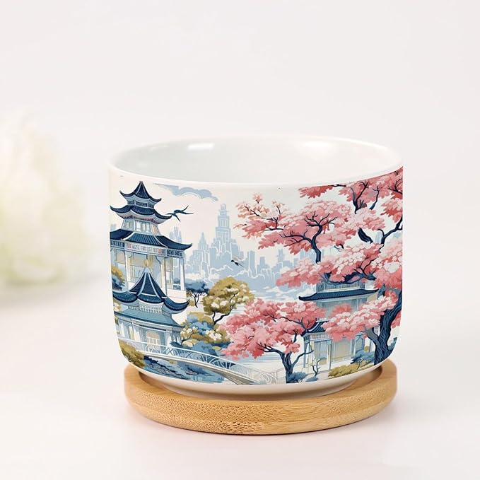 Blue Asia Tiered Tower Coral Pink Flower Ceramics Plant Pot Set of 3 Chinoiserie Garden Scenery Cactus Planter for Indoor with Drainage Chinoiserie Style Small Plant Pot Ceramic