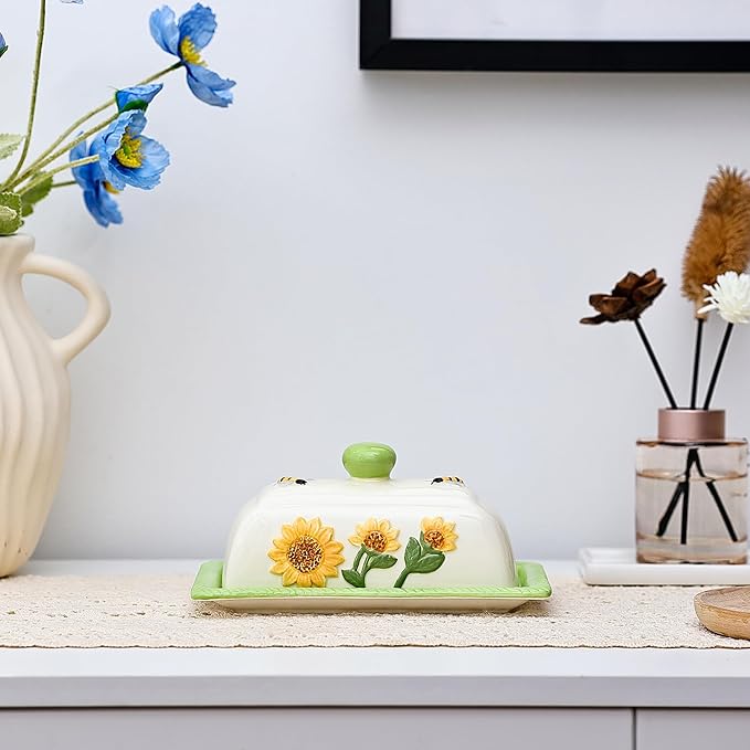 Fungi Fun Ceramic Butter Dish with Lid for Countertop – Decorative Sunflower and Mushroom Design, Unique Sunflower Kitchen Accessories, Cute Butter Dish with Cover for Countertop, Holds 2 Sticks