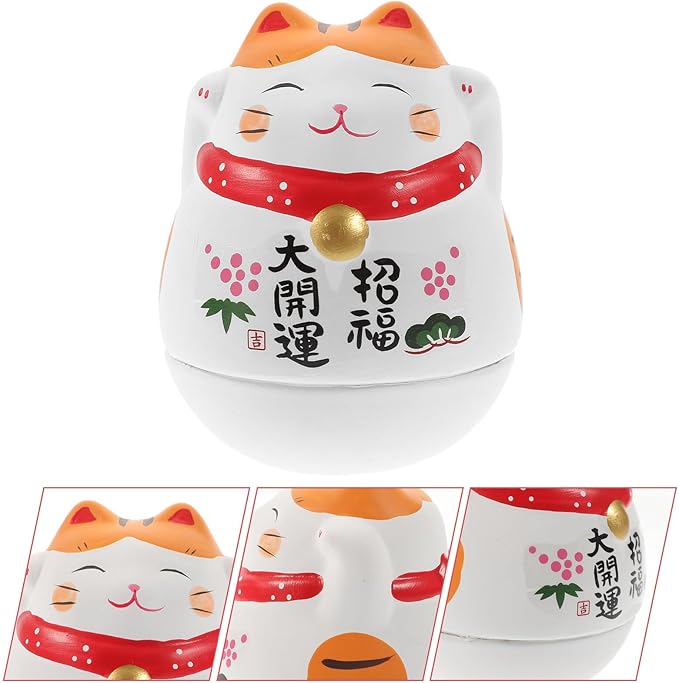 jojofuny Ceramic Cat Tumbler Figurine White Lucky Cat Ornament with Orange Ears Japanese Style Desktop Decor Auspicious Collectible Gift for Home Office