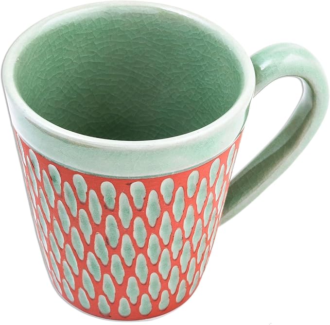 NOVICA Artisan Handcrafted Celadon Ceramic Mug Green Incised Brown Thailand Tableware Dinnerware Mugs Cups [cups 3.9in H x 5.25in W x 3.7in D 10 Oz.] ' Ginger Green Honeycomb'