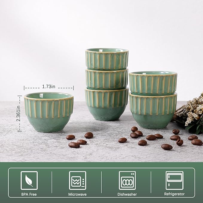 Ceramic Espresso Cups Set, Espresso Coffee Mugs, Special Glazed Demitasse Cups Expresso Coffee Cup for Espresso Machine (6-2oz-Stripe Bronze Green)