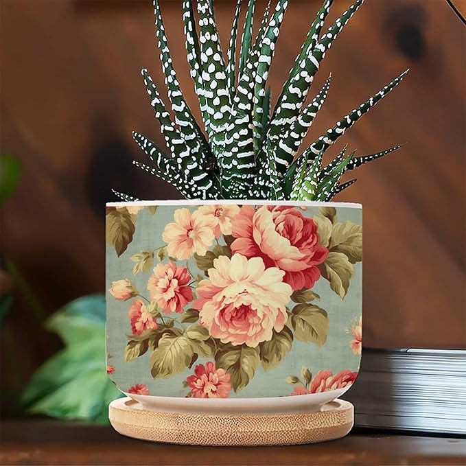 Pink Cabbage Roses Romantic Planters Ceramics Set of 3 Cottage Chic Antique Pink Flower Succulent Pot for Indoor with Bamboo Tray Japanese Chinoiserie Small Pot for Flowers