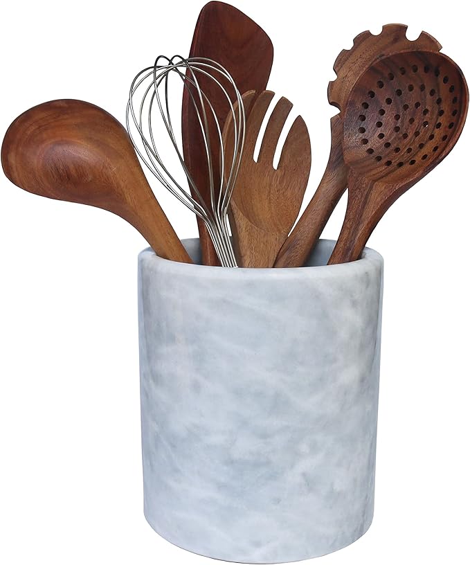 HillSpring Large Marble Kitchen Utensil Holder for Countertop, Tool Organizer with Protective Padded Base, Farmhouse Decor Gift, Wine Chiller Bucket, 6.4", Grey