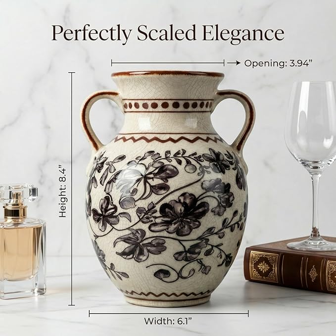 EFISPSS Ceramic Vintage Vase,Chinoiserie Rustic Farmhouse Floral Spring Decor for Home Decor Living Room Fireplace Office, Grey 8.4In