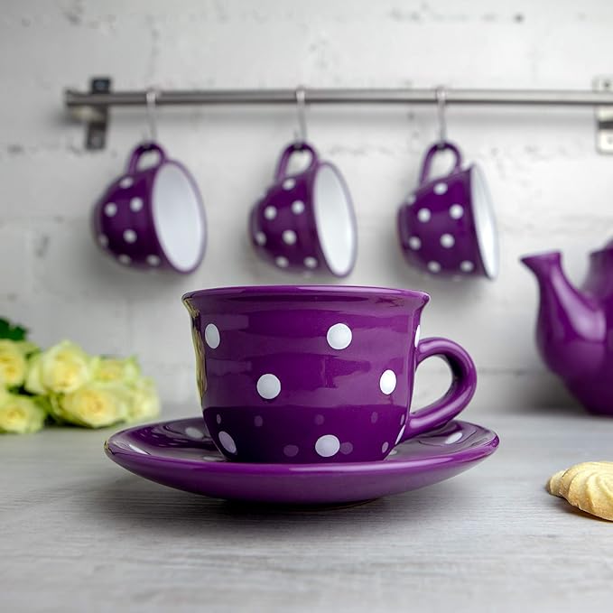 City to Cottage Handmade Purple and White Polka Dot Ceramic 8.4oz/250ml | Cappuccino, Coffee, Tea Cup and Saucer, Unique Designer Pottery for Tea Lovers