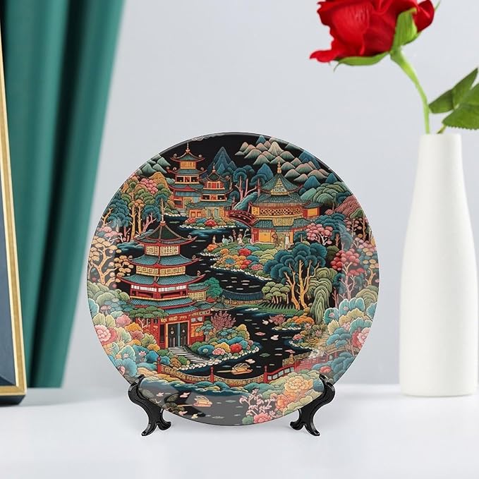 Chinoiserie Charcoal Coral Pagoda Asian China Plates, Asian Scenic Chic Chinoiserie Pagoda Custom Bone China Decorative Plate for Wedding Festival Home Decor, with Display Stand Art Decor for Table